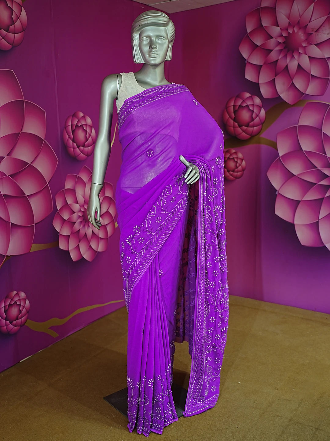 Ada Hand Embroidered Purple Viscose Georgette Lucknowi Chikankari Saree With Blouse And Cutdana Work 01A405978