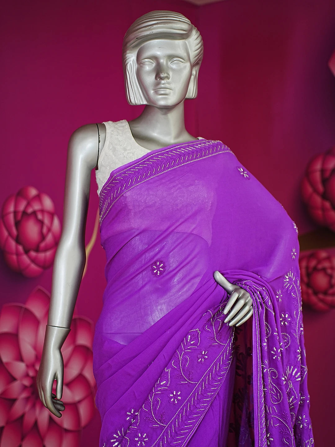 Ada Hand Embroidered Purple Viscose Georgette Lucknowi Chikankari Saree With Blouse And Cutdana Work 01A405978