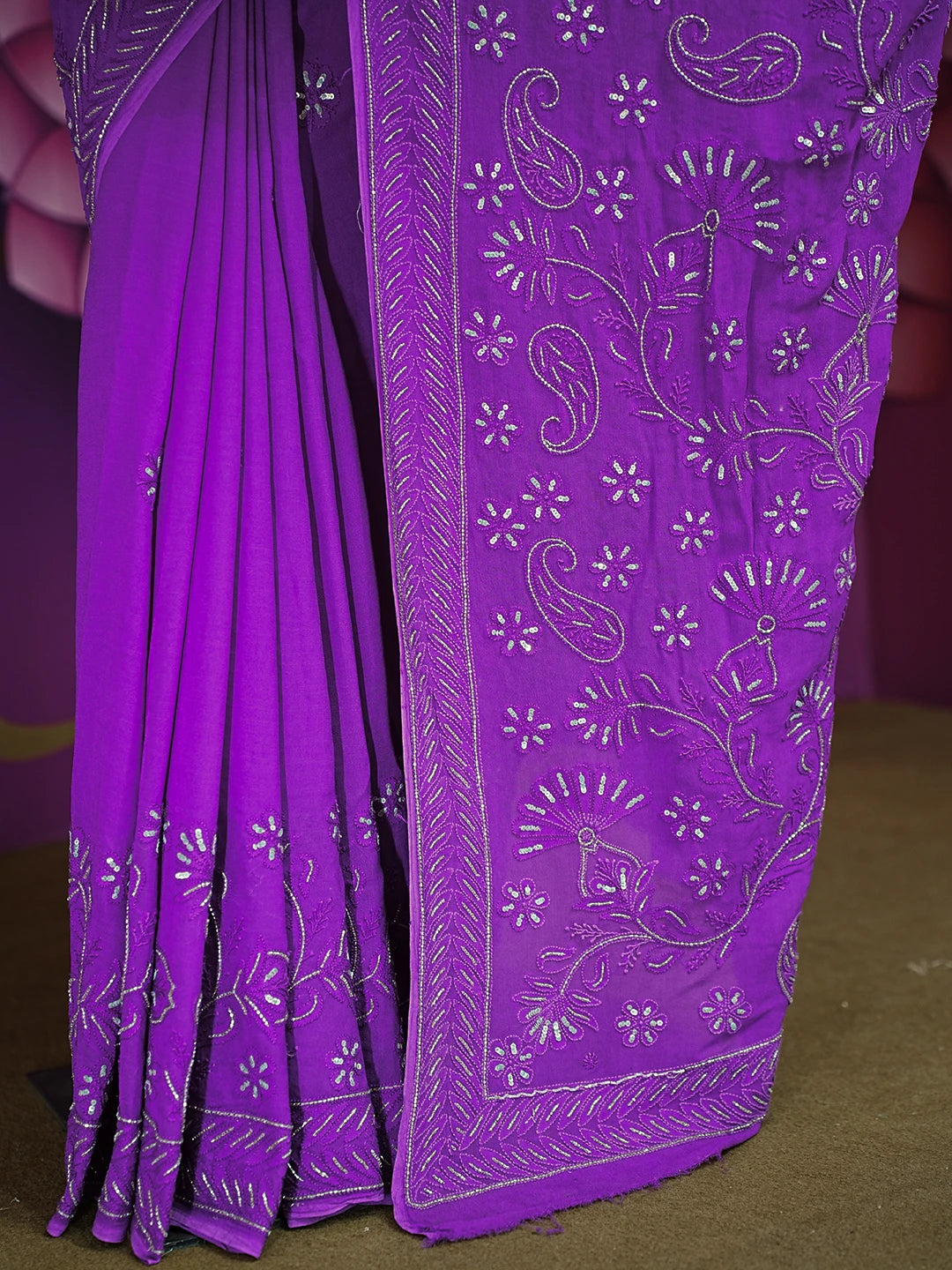 Ada Hand Embroidered Purple Viscose Georgette Lucknowi Chikankari Saree With Blouse And Cutdana Work 01A405978
