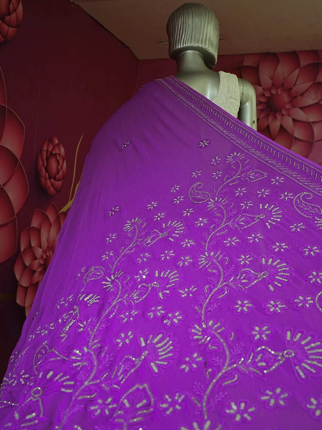 Ada Hand Embroidered Purple Viscose Georgette Lucknowi Chikankari Saree With Blouse And Cutdana Work 01A405978