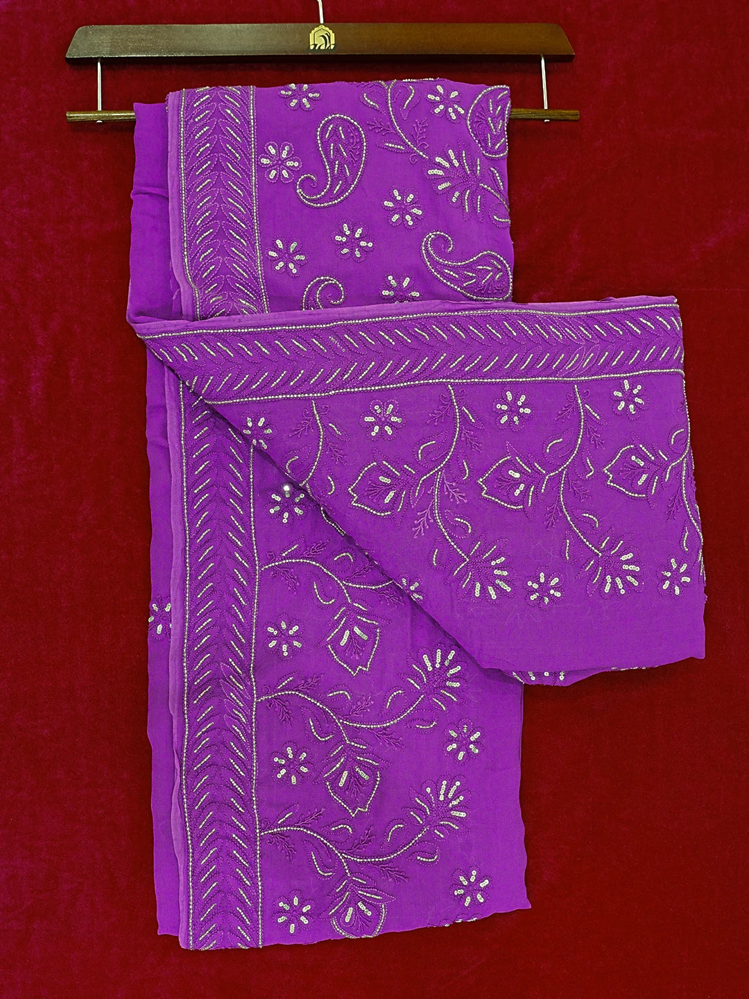 Ada Hand Embroidered Purple Viscose Georgette Lucknowi Chikankari Saree With Blouse And Cutdana Work 01A405978