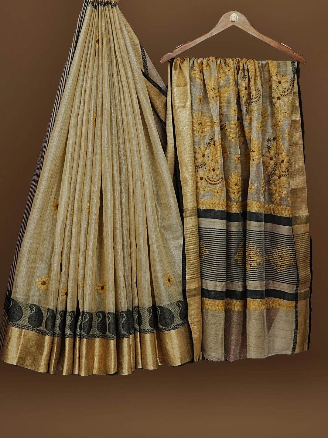 Ada Hand Embroidered Fawn Tissue Lucknowi Chikankari Saree With Blouse 01A572698