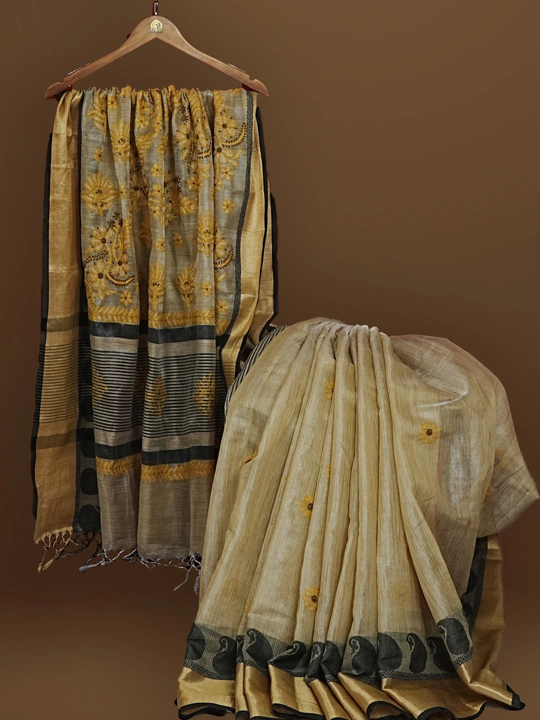 Ada Hand Embroidered Fawn Tissue Lucknowi Chikankari Saree With Blouse 01A572698