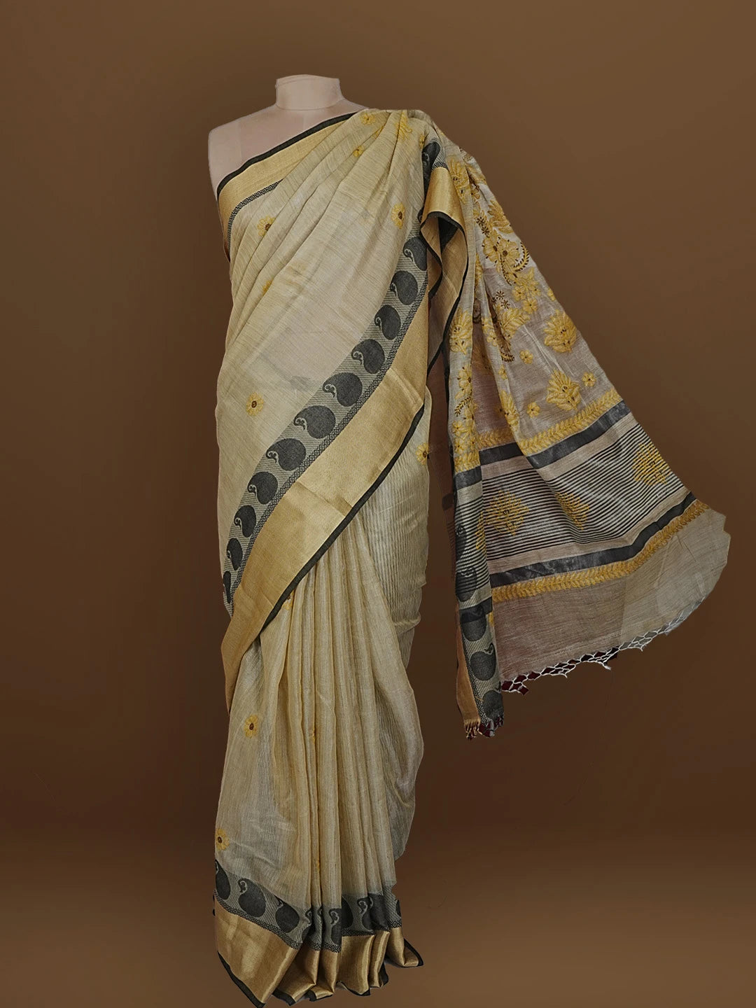 Ada Hand Embroidered Fawn Tissue Lucknowi Chikankari Saree With Blouse 01A572698
