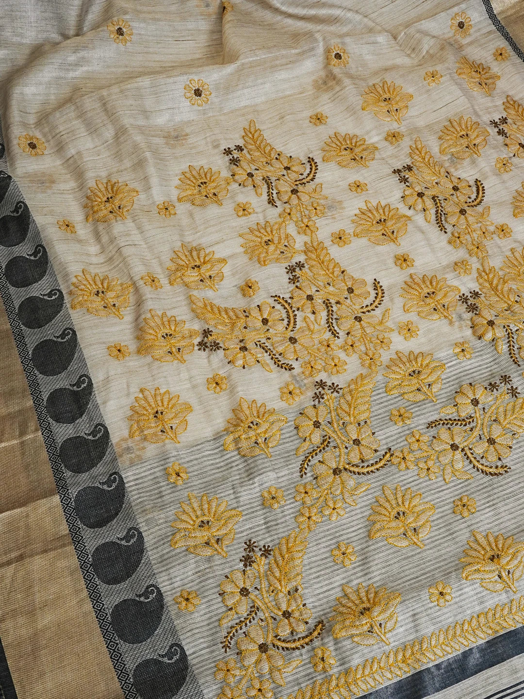 Ada Hand Embroidered Fawn Tissue Lucknowi Chikankari Saree With Blouse 01A572698