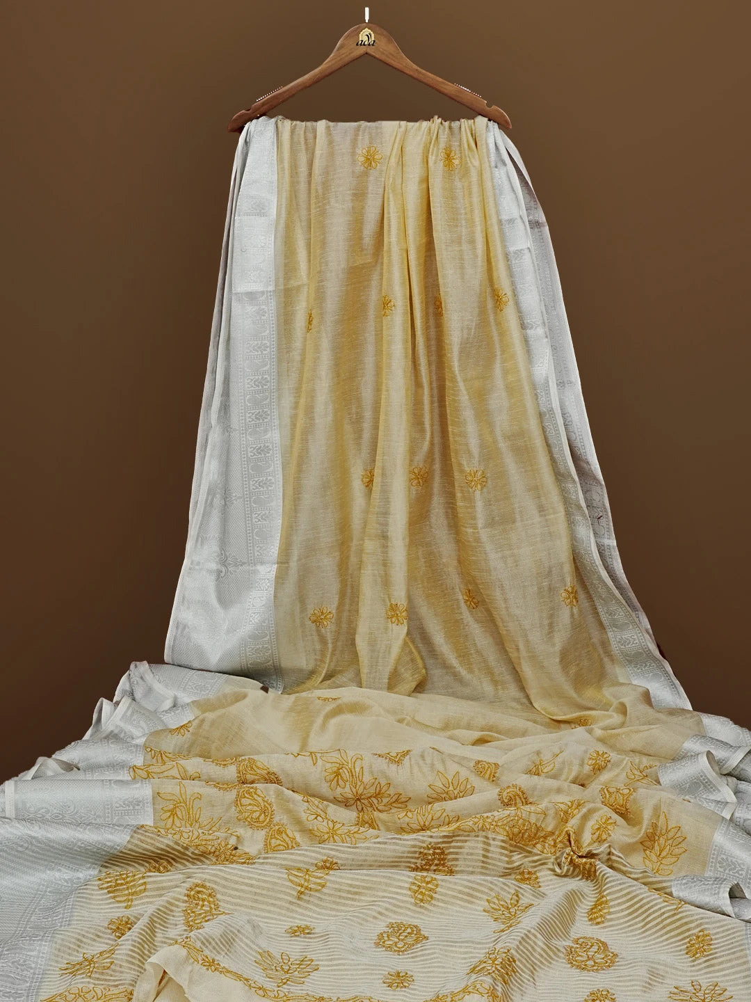 Ada Hand Embroidered Fawn Tissue Lucknowi Chikankari Saree With Blouse 01A572659