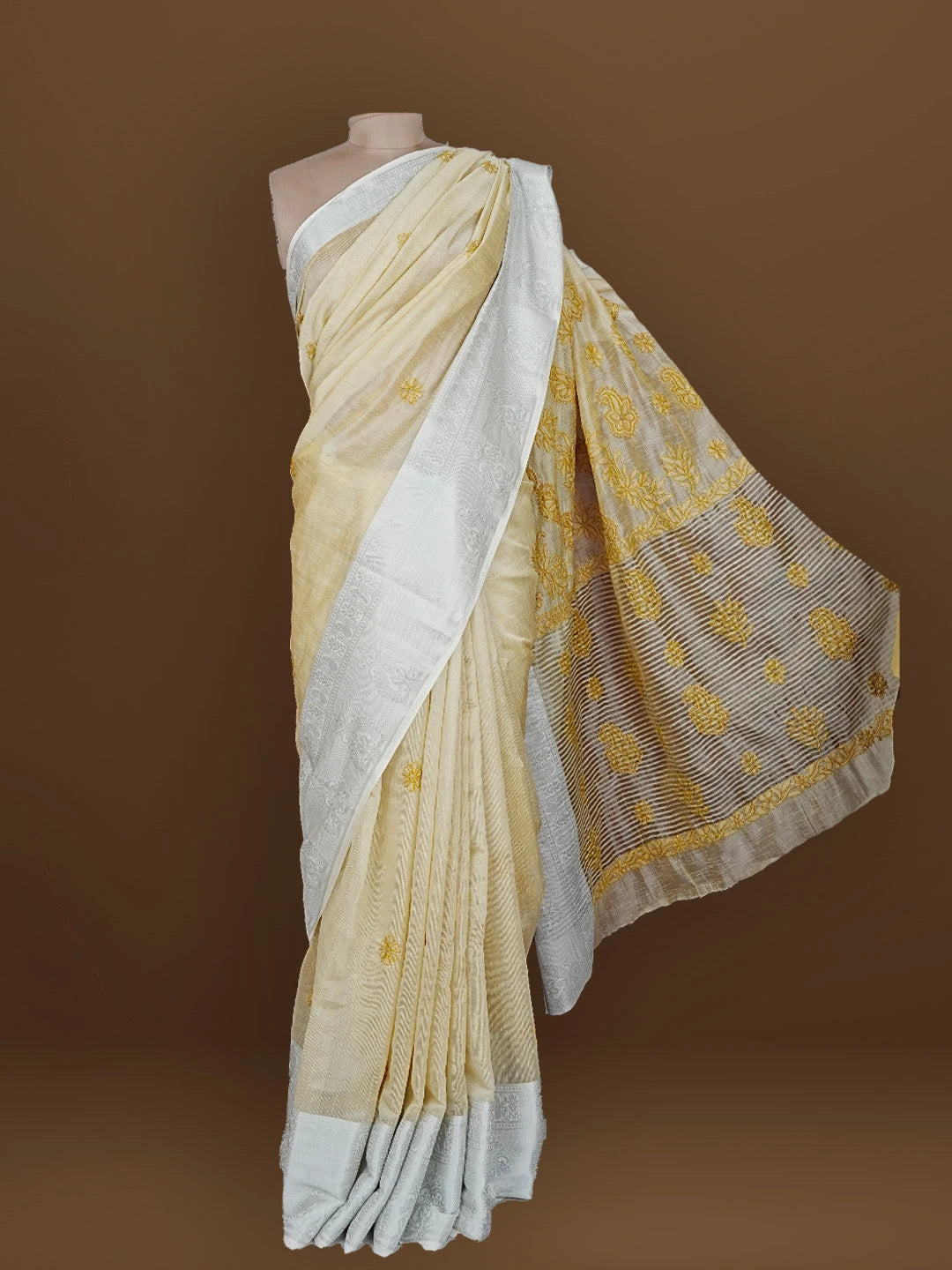 Ada Hand Embroidered Fawn Tissue Lucknowi Chikankari Saree With Blouse 01A572659