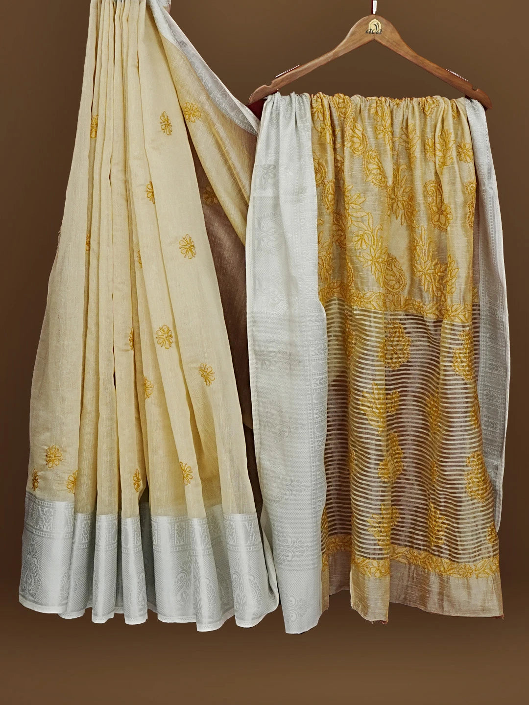 Ada Hand Embroidered Fawn Tissue Lucknowi Chikankari Saree With Blouse 01A572659