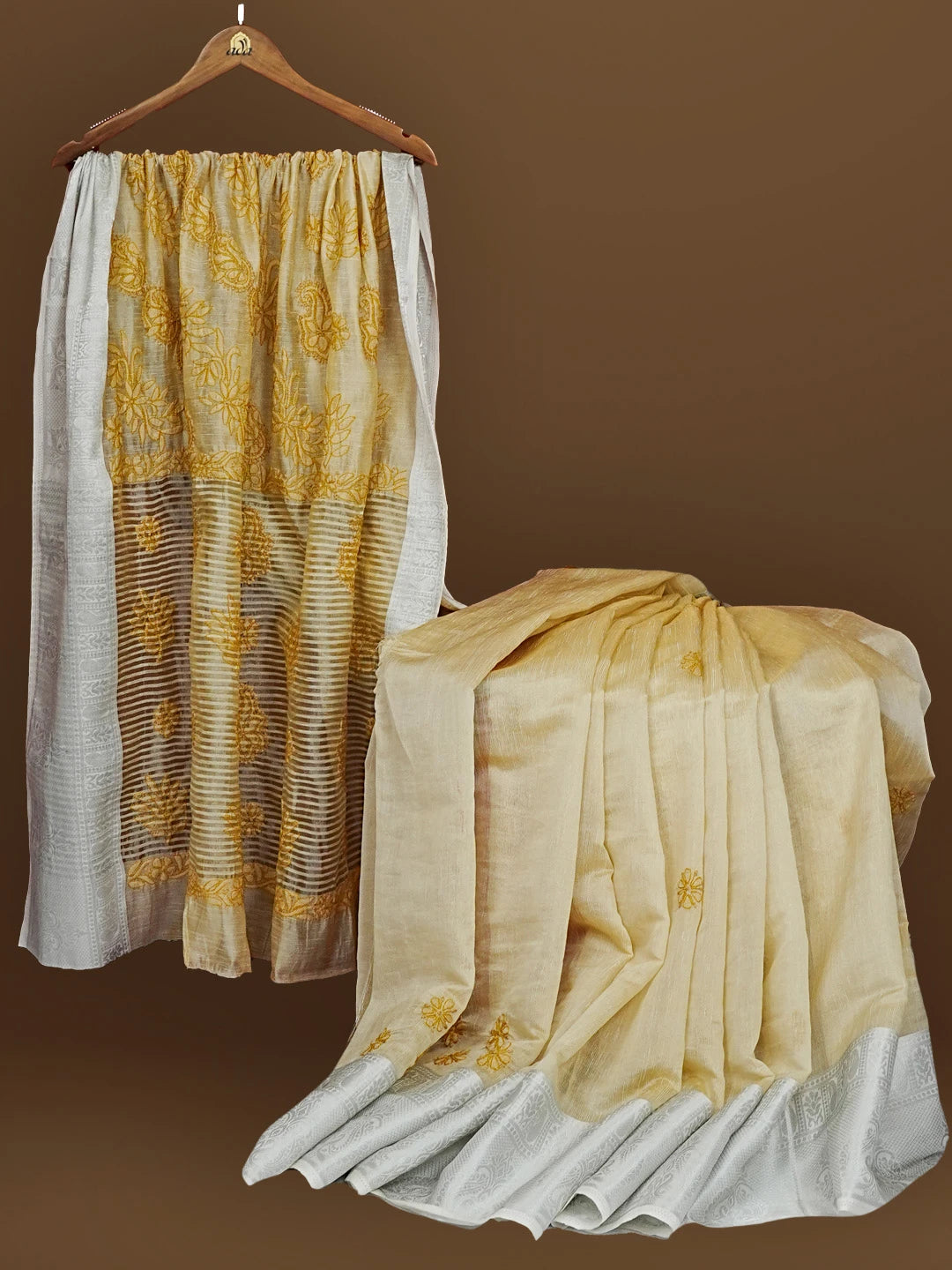 Ada Hand Embroidered Fawn Tissue Lucknowi Chikankari Saree With Blouse 01A572659