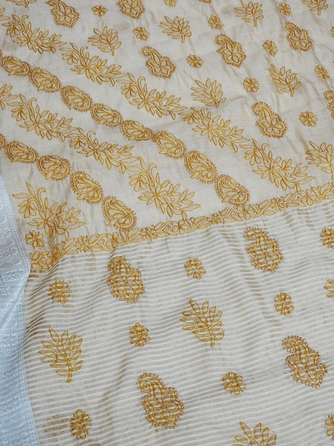 Ada Hand Embroidered Fawn Tissue Lucknowi Chikankari Saree With Blouse 01A572659