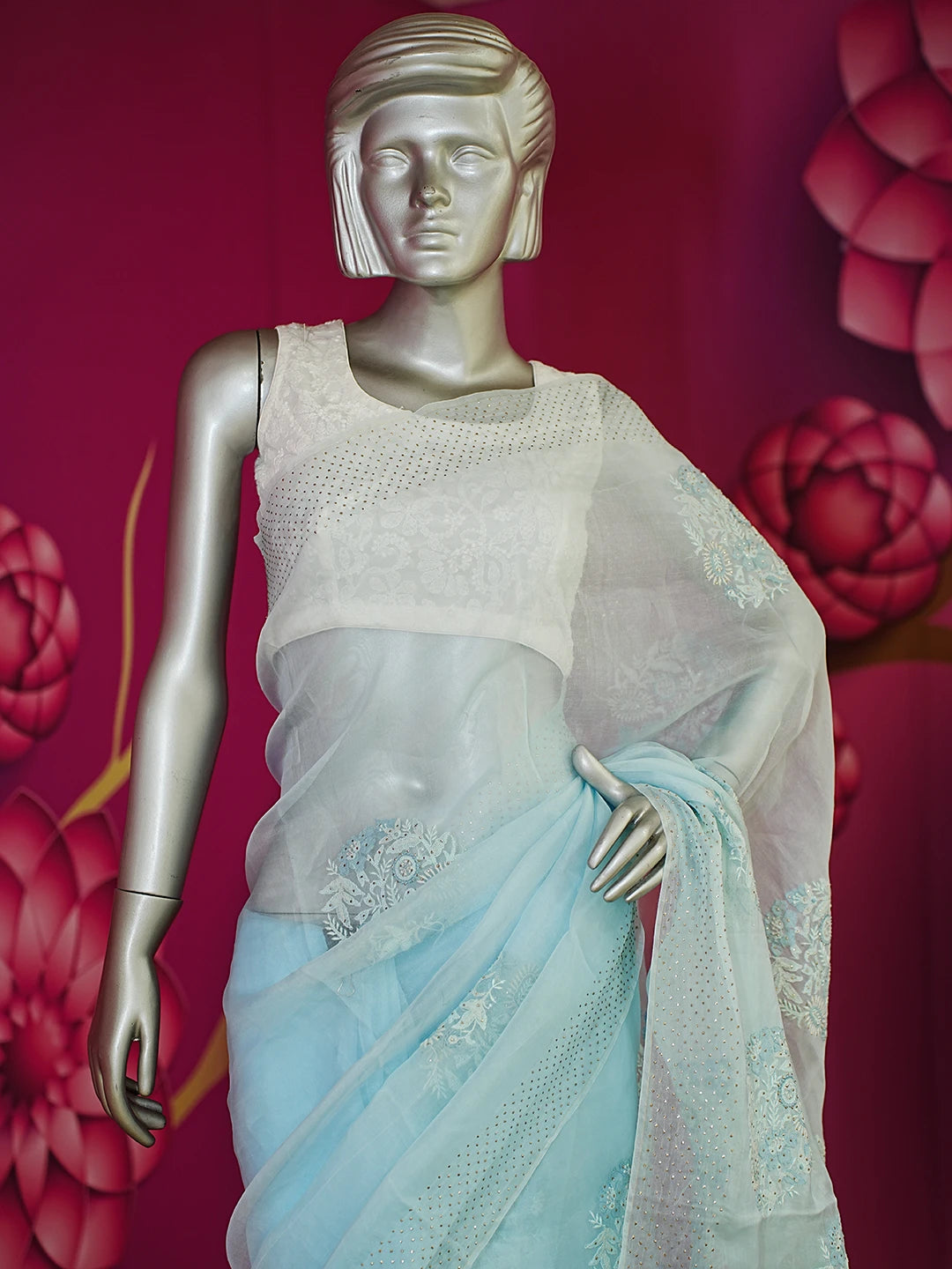 Ada Hand Embroidered Iceberg Blue Organza Lucknowi Chikankari Saree With Blouse And Muqaish Work 01A559659