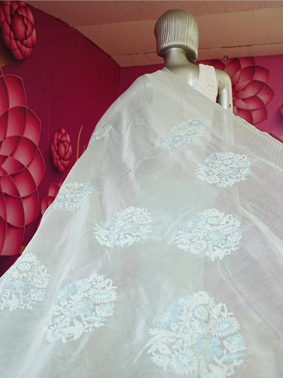 Ada Hand Embroidered Iceberg Blue Organza Lucknowi Chikankari Saree With Blouse And Muqaish Work 01A559659