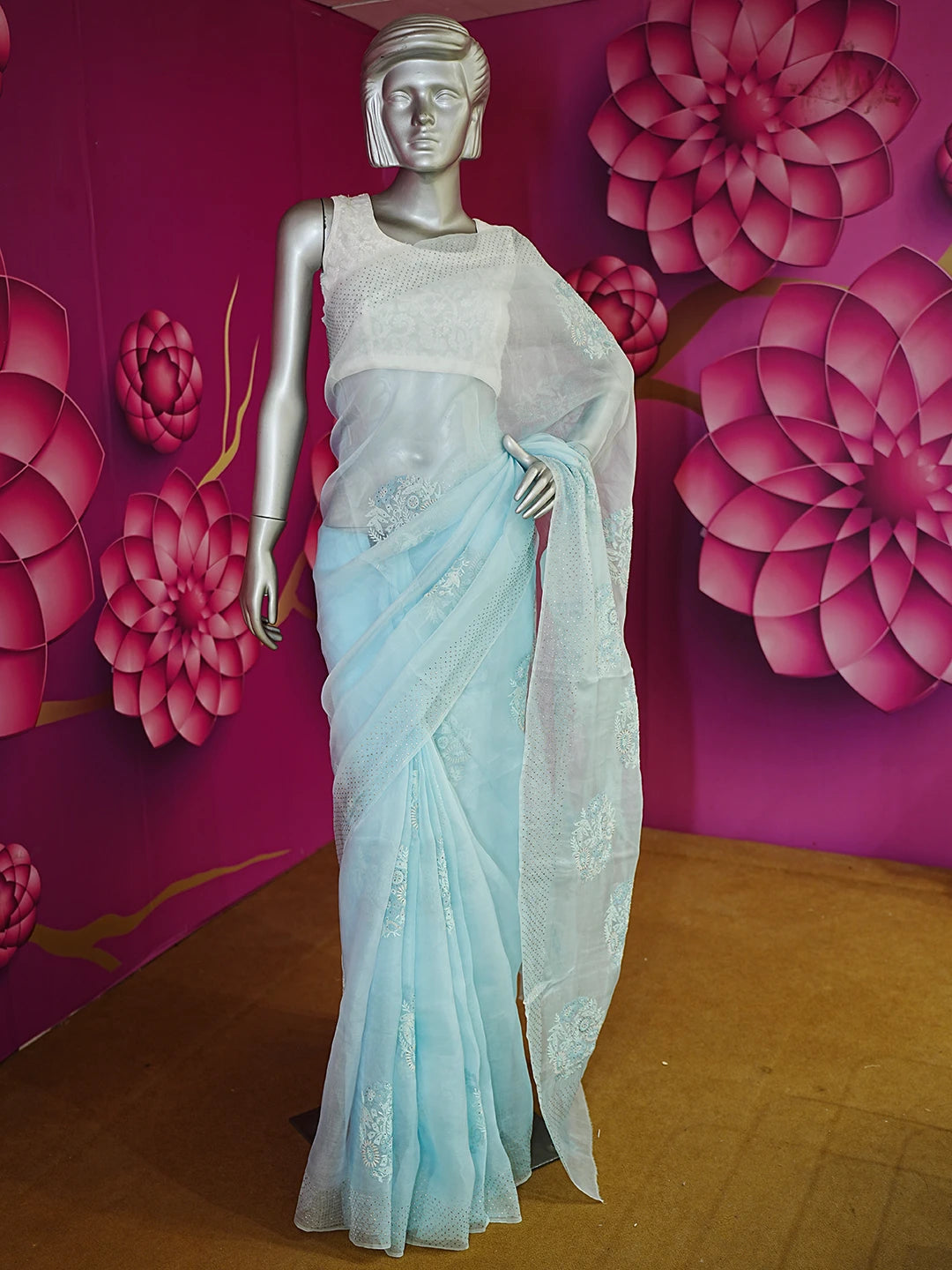 Ada Hand Embroidered Iceberg Blue Organza Lucknowi Chikankari Saree With Blouse And Muqaish Work 01A559659