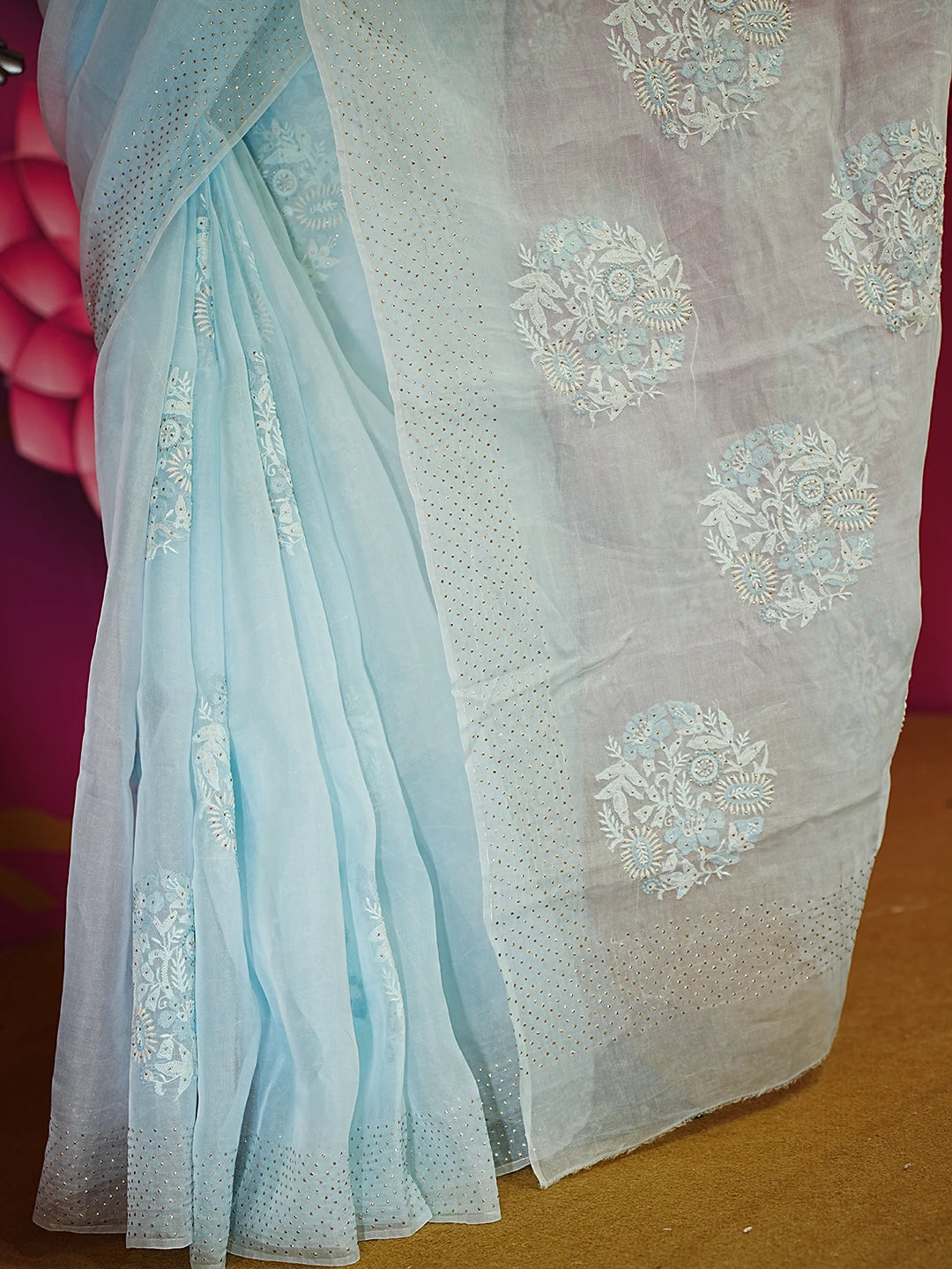Ada Hand Embroidered Iceberg Blue Organza Lucknowi Chikankari Saree With Blouse And Muqaish Work 01A559659