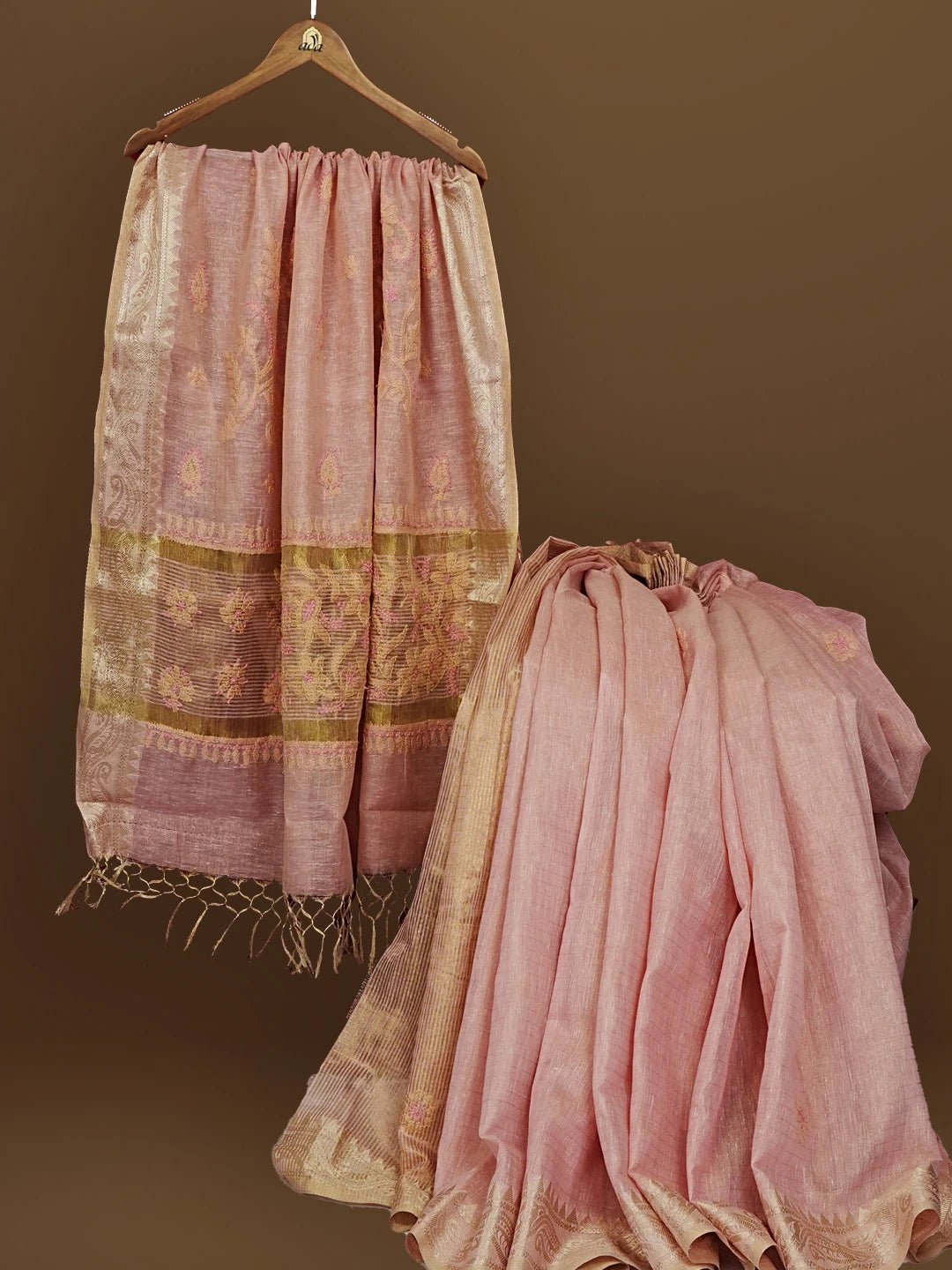 Ada Hand Embroidered Onion Pink Tissue Lucknowi Chikankari Saree With Blouse 01A572094