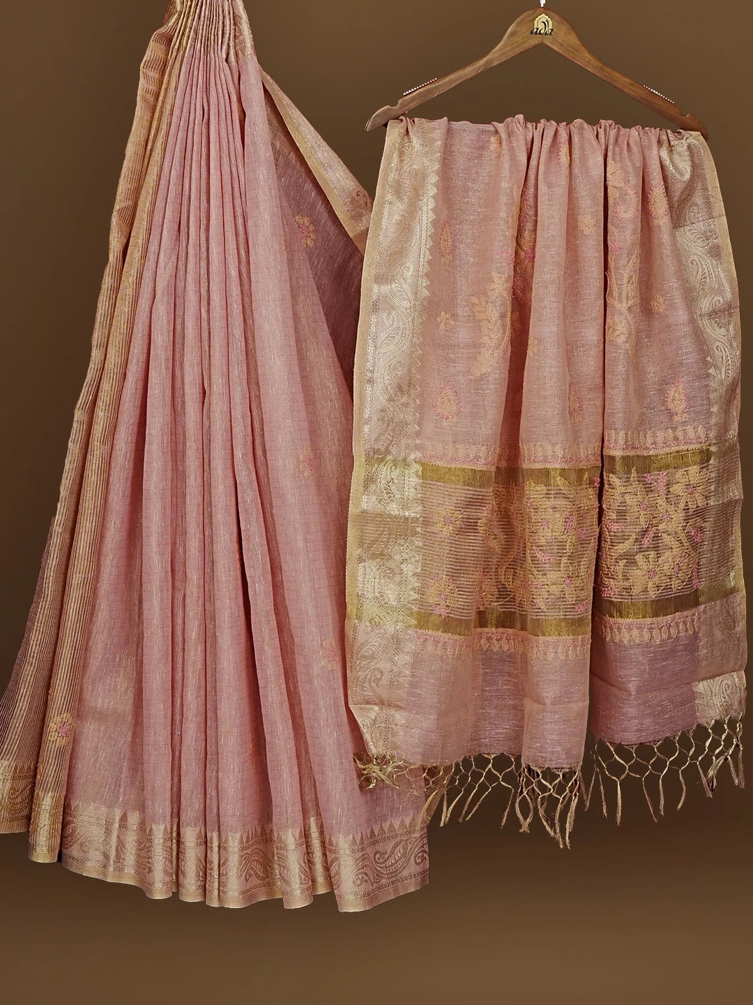 Ada Hand Embroidered Onion Pink Tissue Lucknowi Chikankari Saree With Blouse 01A572094