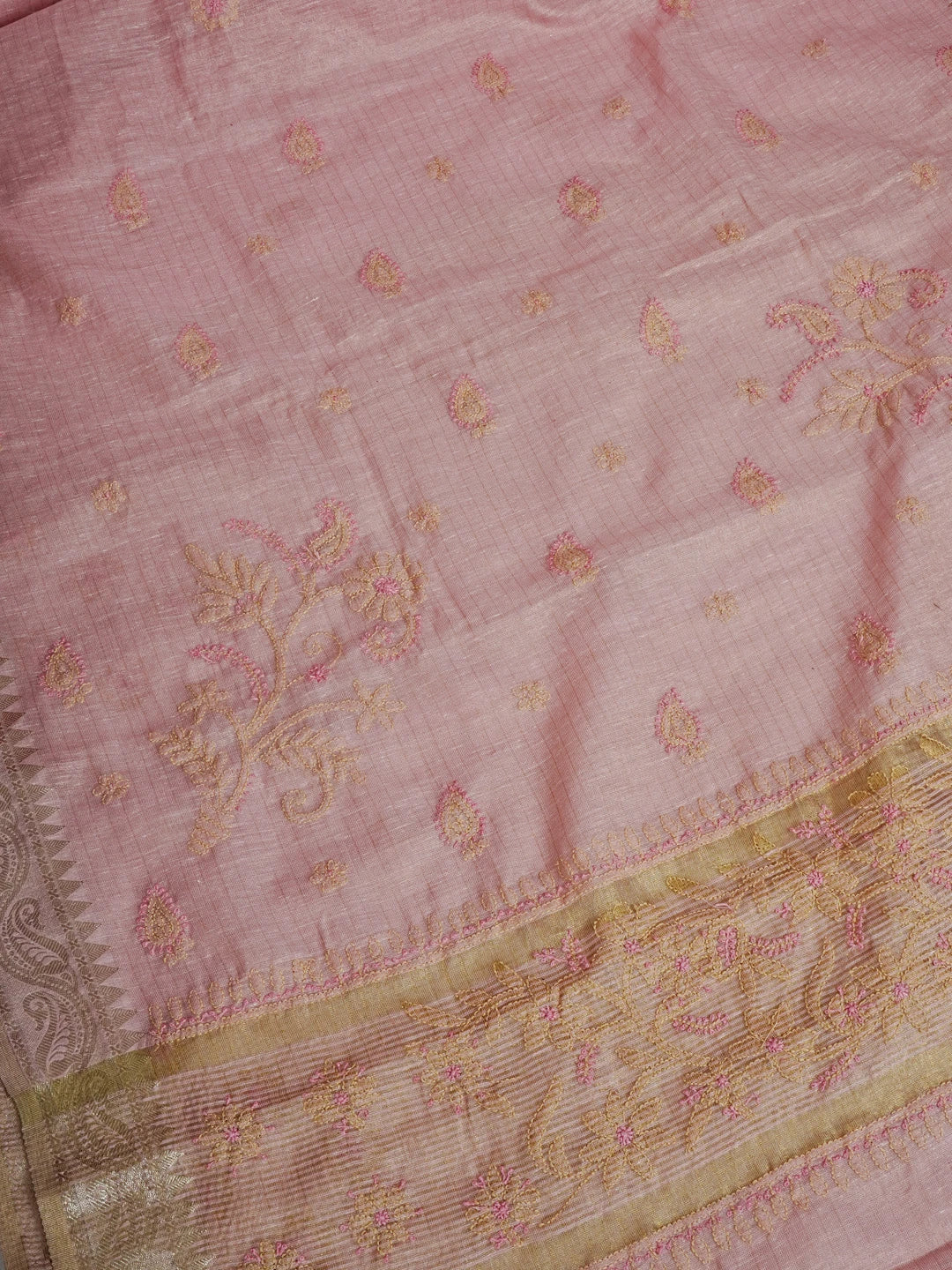Ada Hand Embroidered Onion Pink Tissue Lucknowi Chikankari Saree With Blouse 01A572094