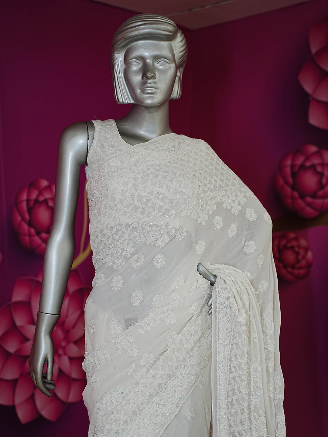 Ada Hand Embroidered Dove White Pure Georgette Lucknowi Chikankari Saree With Blouse And Sequinned Work 01A512853