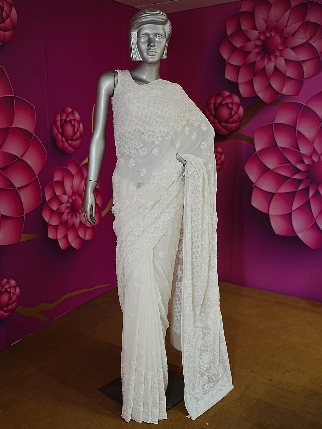 Ada Hand Embroidered Dove White Pure Georgette Lucknowi Chikankari Saree With Blouse And Sequinned Work 01A512853