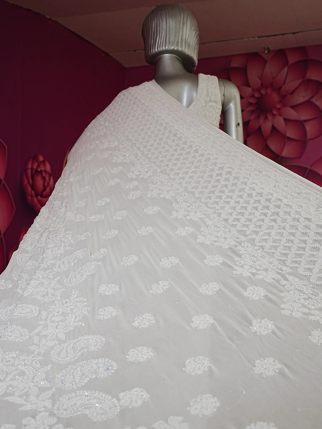 Ada Hand Embroidered Dove White Pure Georgette Lucknowi Chikankari Saree With Blouse And Sequinned Work 01A512853