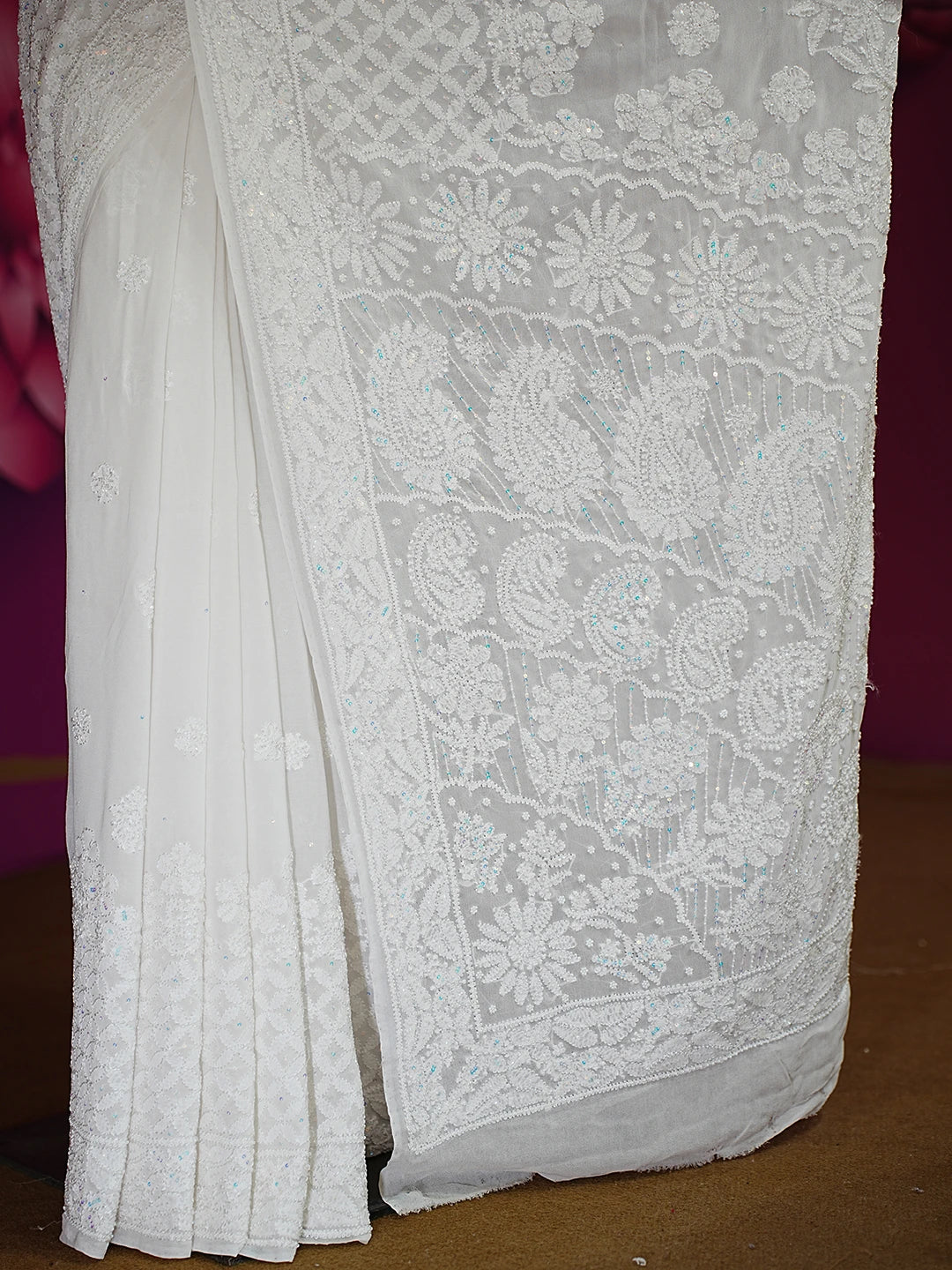 Ada Hand Embroidered Dove White Pure Georgette Lucknowi Chikankari Saree With Blouse And Sequinned Work 01A512853