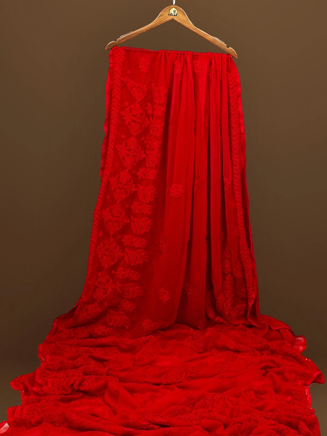 Ada Hand Embroidered Red Georgette Lucknowi Chikankari Saree With Blouse 01A572520