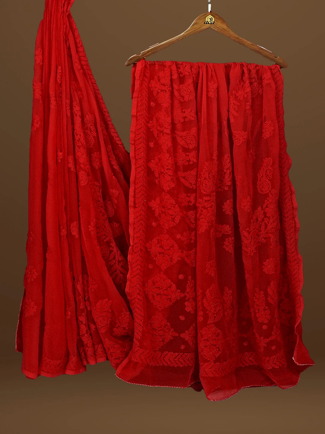 Ada Hand Embroidered Red Georgette Lucknowi Chikankari Saree With Blouse 01A572520
