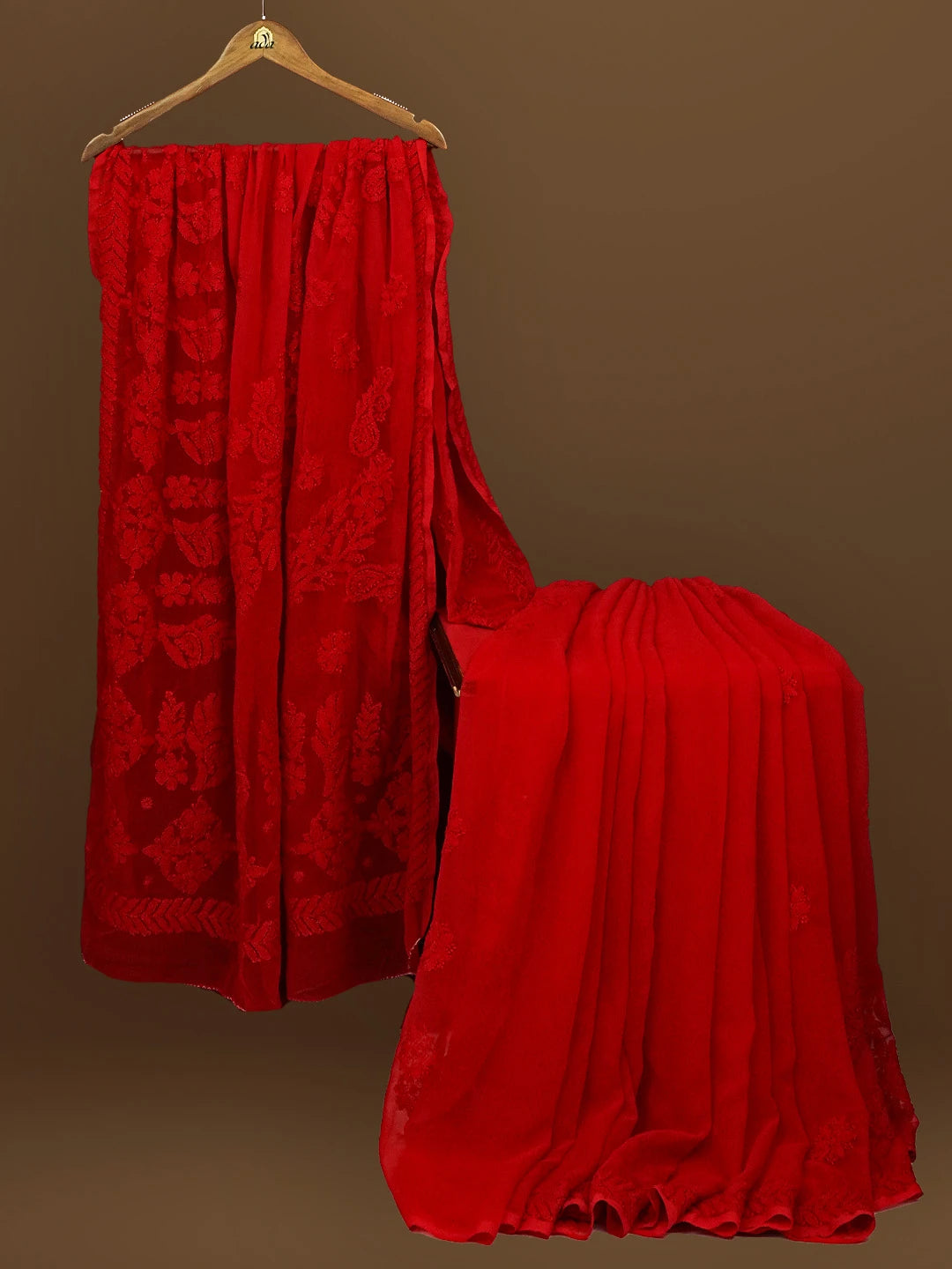 Ada Hand Embroidered Red Georgette Lucknowi Chikankari Saree With Blouse 01A572520