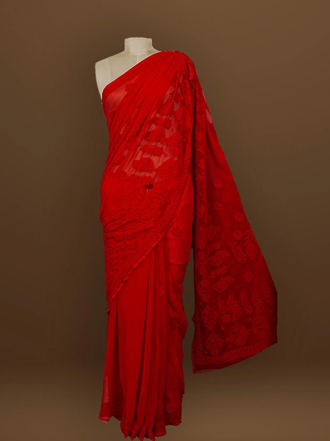 Ada Hand Embroidered Red Georgette Lucknowi Chikankari Saree With Blouse 01A572520