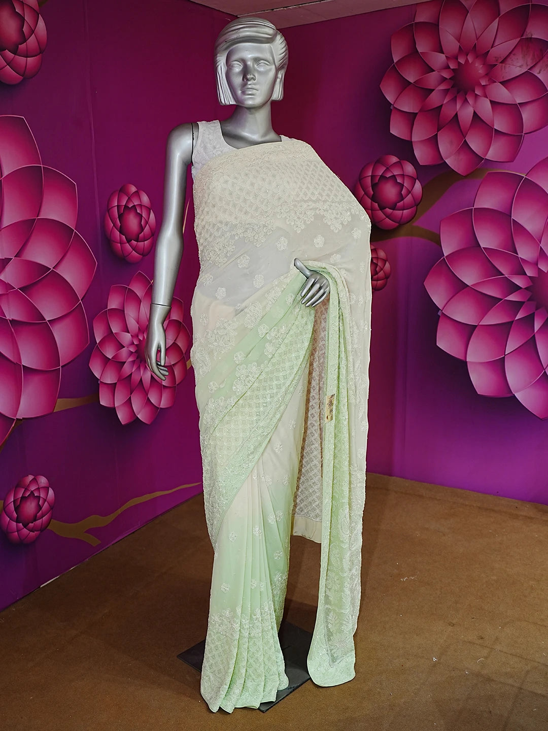 Ada Hand Embroidered Pista Green Pure Georgette Lucknowi Chikankari Saree With Blouse And Zari Work 01A467255