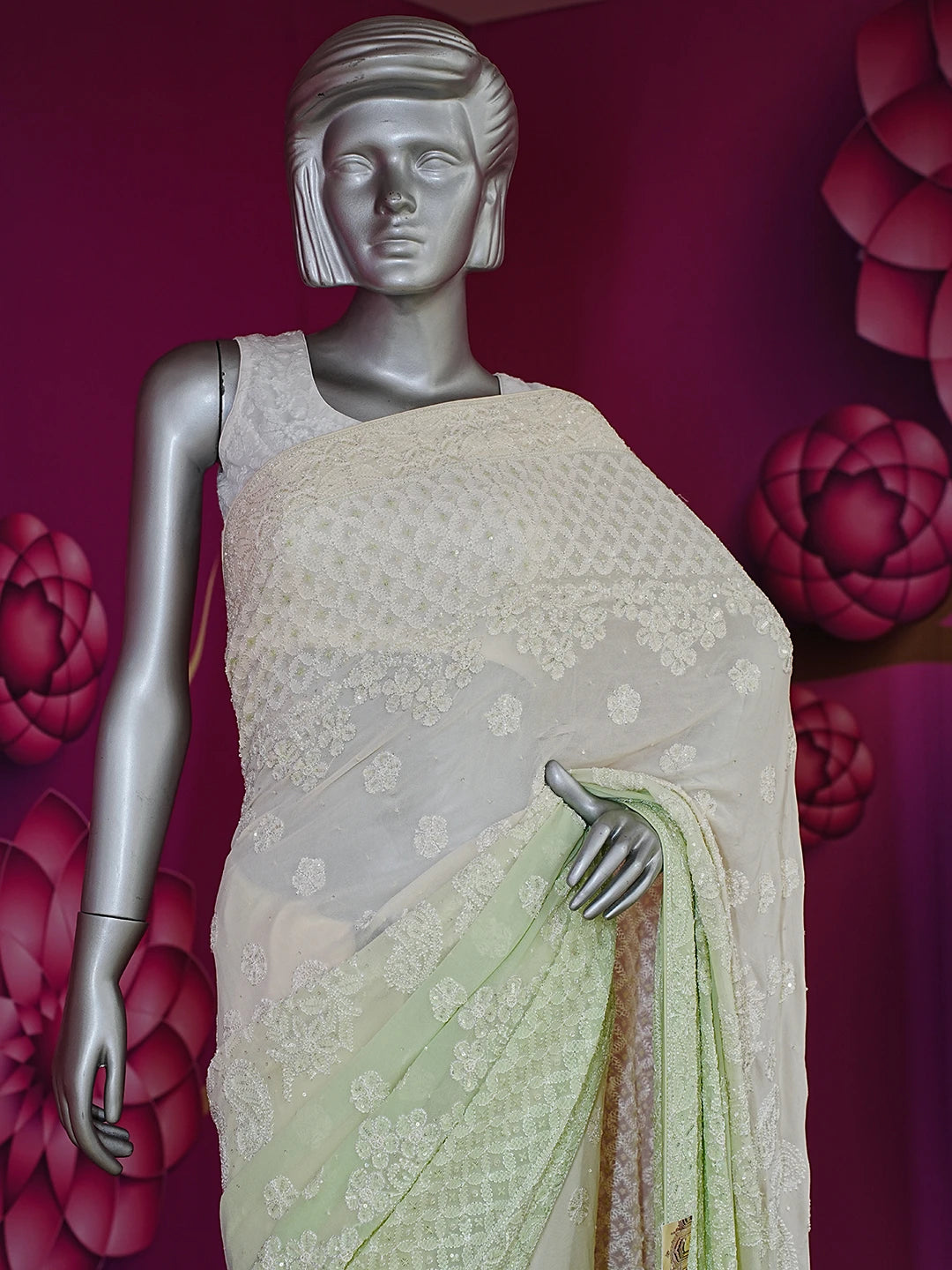Ada Hand Embroidered Pista Green Pure Georgette Lucknowi Chikankari Saree With Blouse And Zari Work 01A467255
