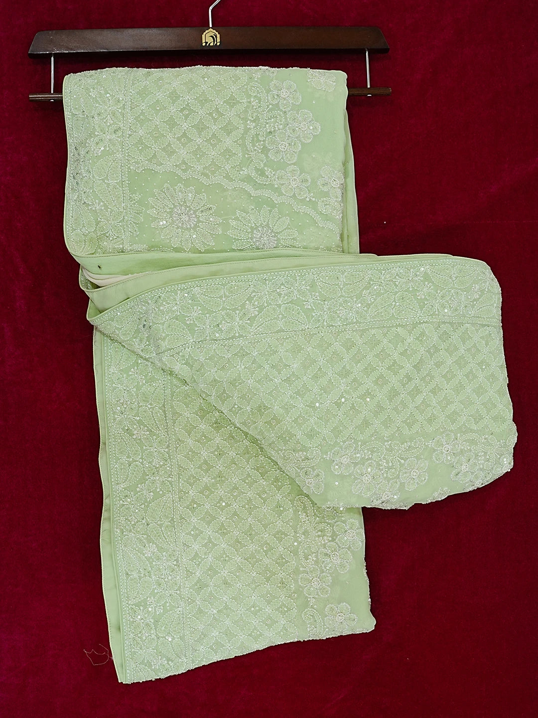 Ada Hand Embroidered Pista Green Pure Georgette Lucknowi Chikankari Saree With Blouse And Zari Work 01A467255
