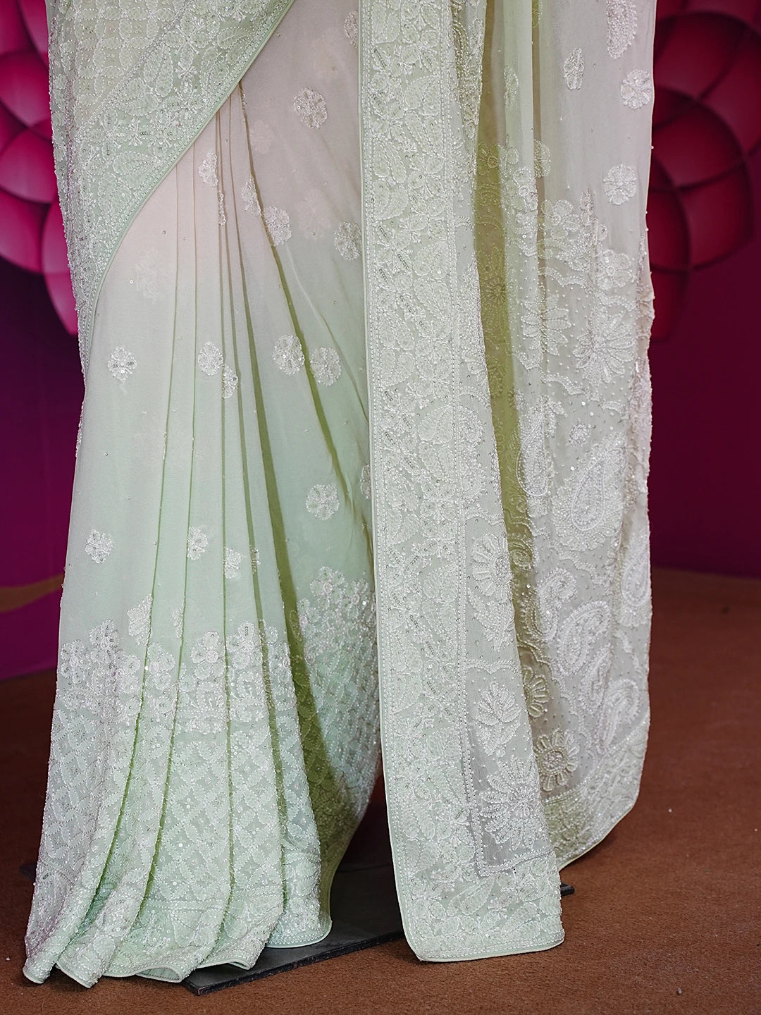 Ada Hand Embroidered Pista Green Pure Georgette Lucknowi Chikankari Saree With Blouse And Zari Work 01A467255