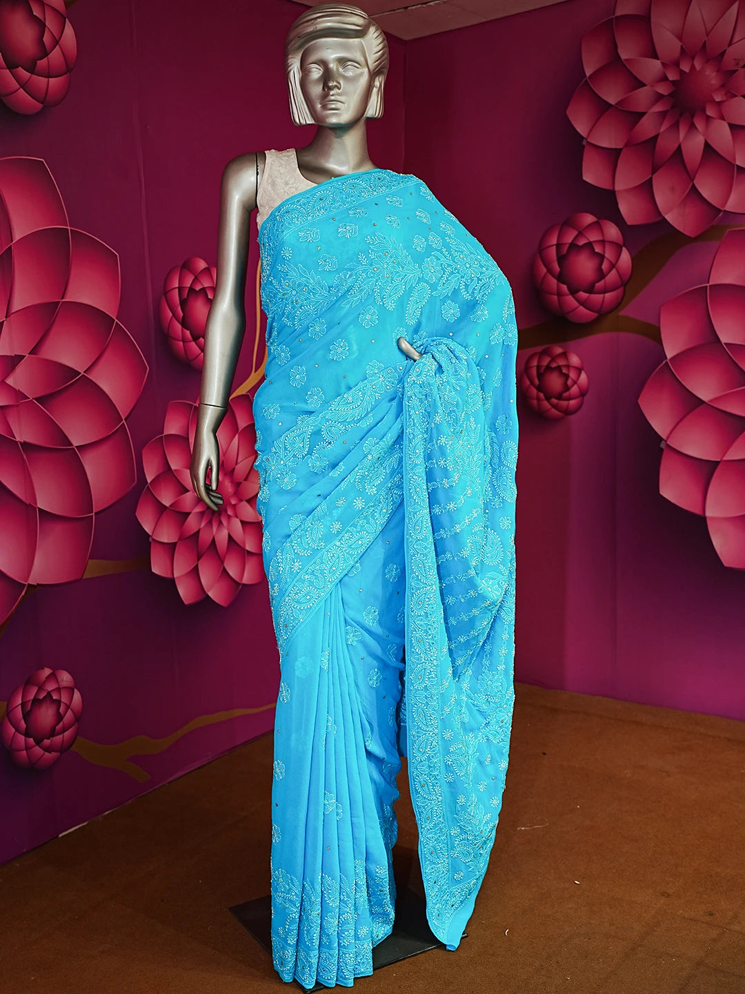 Ada Hand Embroidered Cerulean Blue Pure Georgette Lucknowi Chikankari Saree With Blouse And Muqaish Work 01A373196