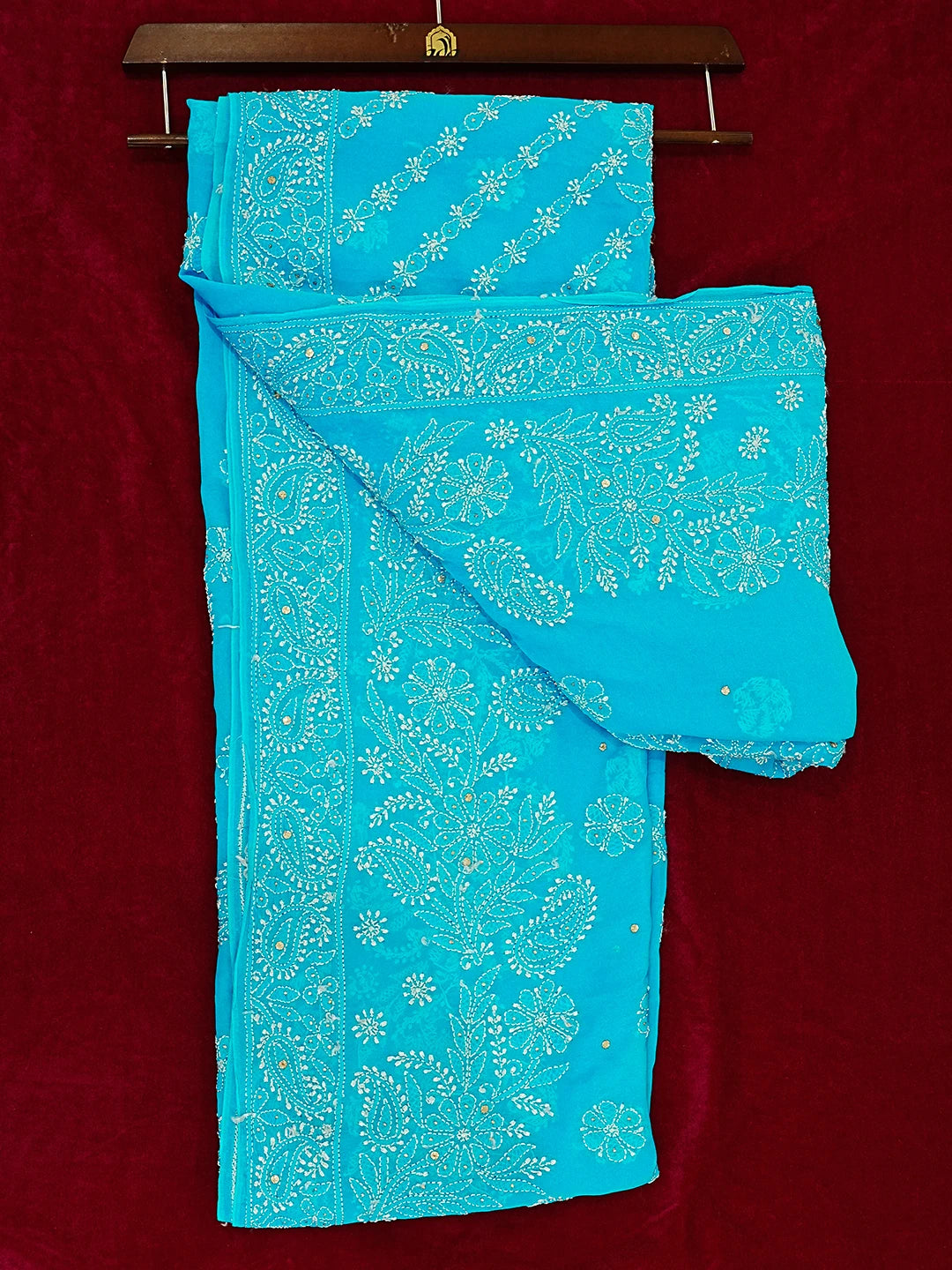 Ada Hand Embroidered Cerulean Blue Pure Georgette Lucknowi Chikankari Saree With Blouse And Muqaish Work 01A373196