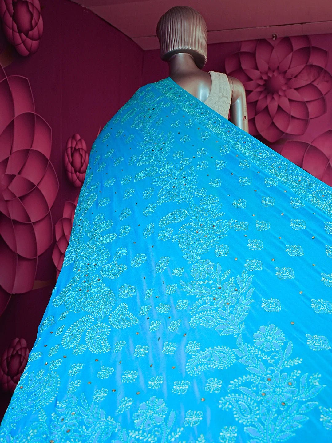 Ada Hand Embroidered Cerulean Blue Pure Georgette Lucknowi Chikankari Saree With Blouse And Muqaish Work 01A373196