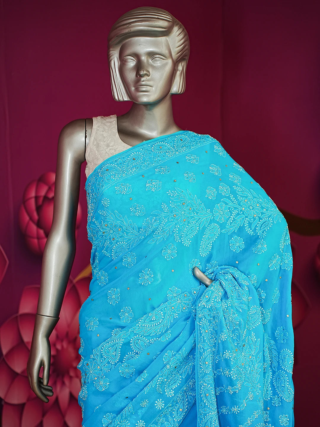 Ada Hand Embroidered Cerulean Blue Pure Georgette Lucknowi Chikankari Saree With Blouse And Muqaish Work 01A373196