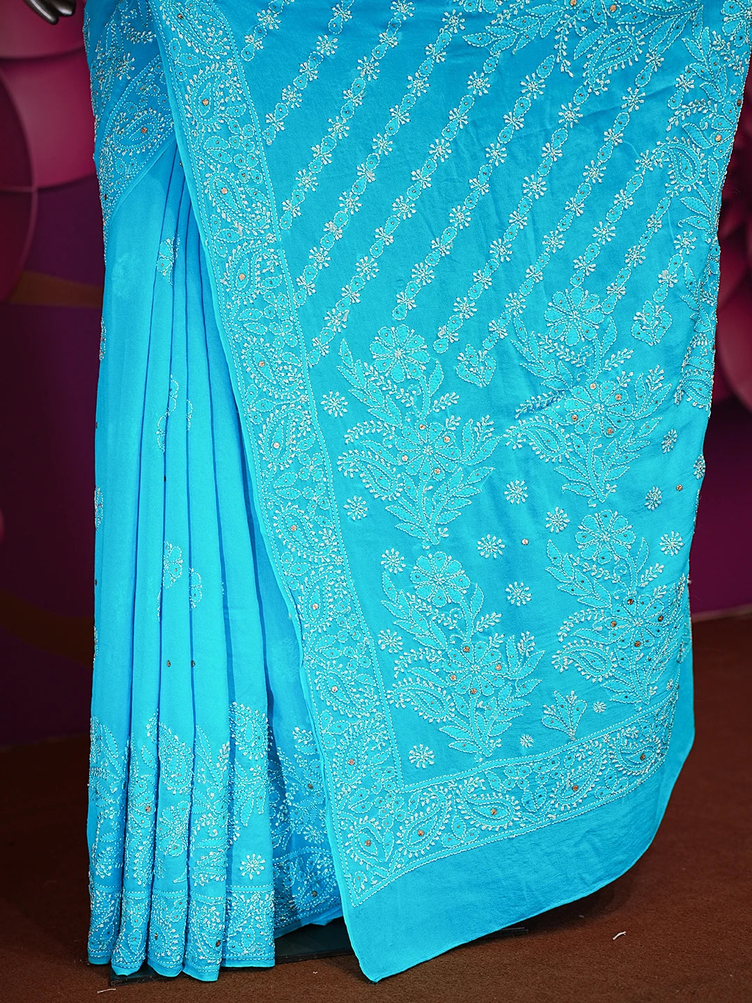 Ada Hand Embroidered Cerulean Blue Pure Georgette Lucknowi Chikankari Saree With Blouse And Muqaish Work 01A373196