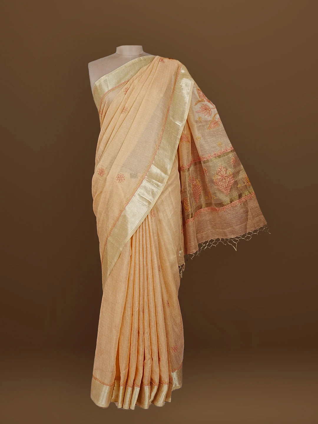 Ada Hand Embroidered Dusty Peach Tissue Lucknowi Chikankari Saree With Blouse 01A572096
