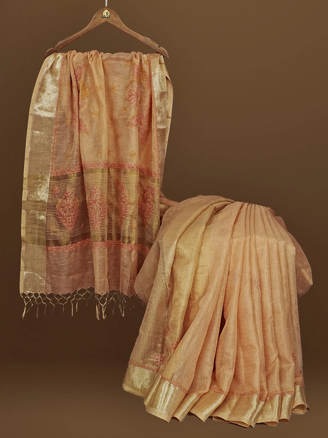 Ada Hand Embroidered Dusty Peach Tissue Lucknowi Chikankari Saree With Blouse 01A572096