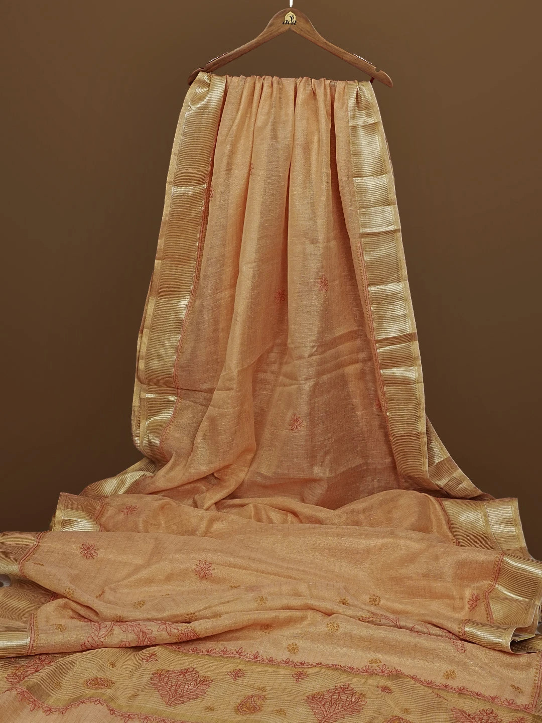 Ada Hand Embroidered Dusty Peach Tissue Lucknowi Chikankari Saree With Blouse 01A572096