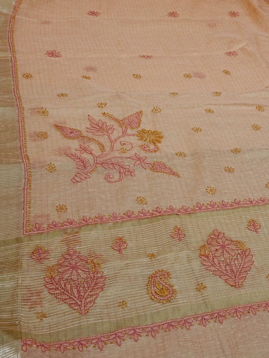 Ada Hand Embroidered Dusty Peach Tissue Lucknowi Chikankari Saree With Blouse 01A572096