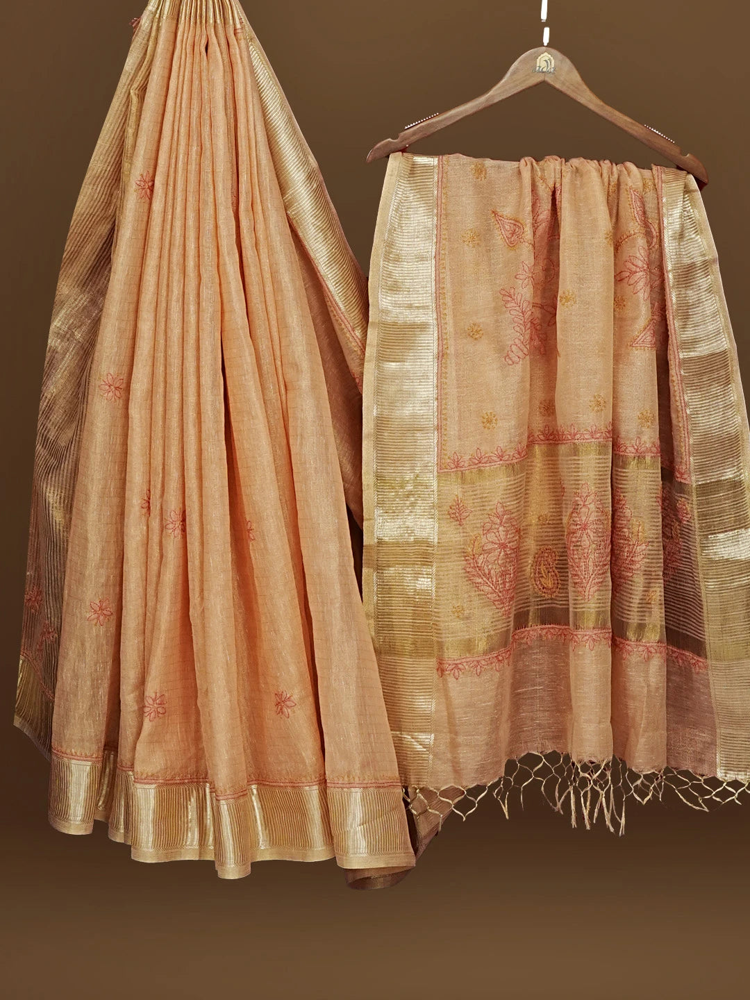 Ada Hand Embroidered Dusty Peach Tissue Lucknowi Chikankari Saree With Blouse 01A572096
