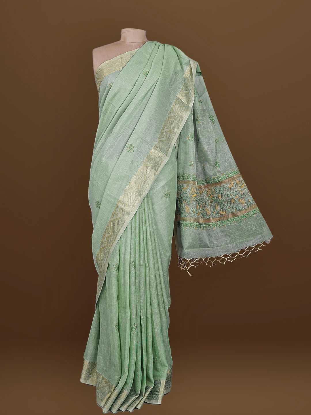 Ada Hand Embroidered Teal Green Tissue Lucknowi Chikankari Saree With Blouse 01A572095