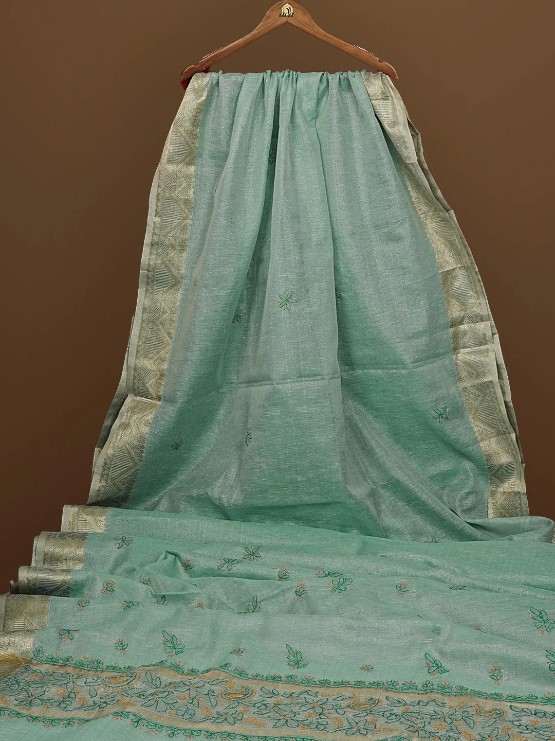 Ada Hand Embroidered Teal Green Tissue Lucknowi Chikankari Saree With Blouse 01A572095