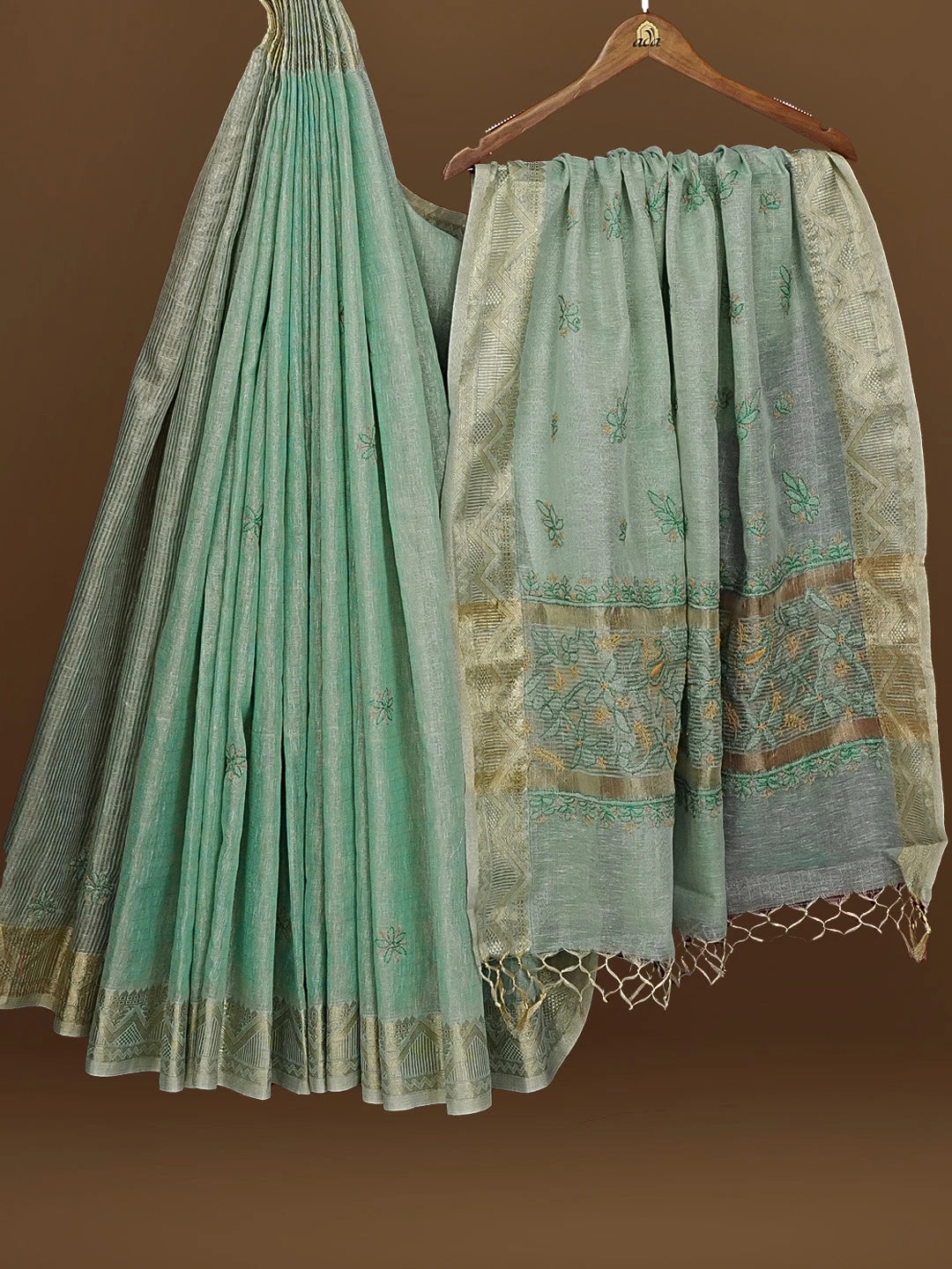 Ada Hand Embroidered Teal Green Tissue Lucknowi Chikankari Saree With Blouse 01A572095