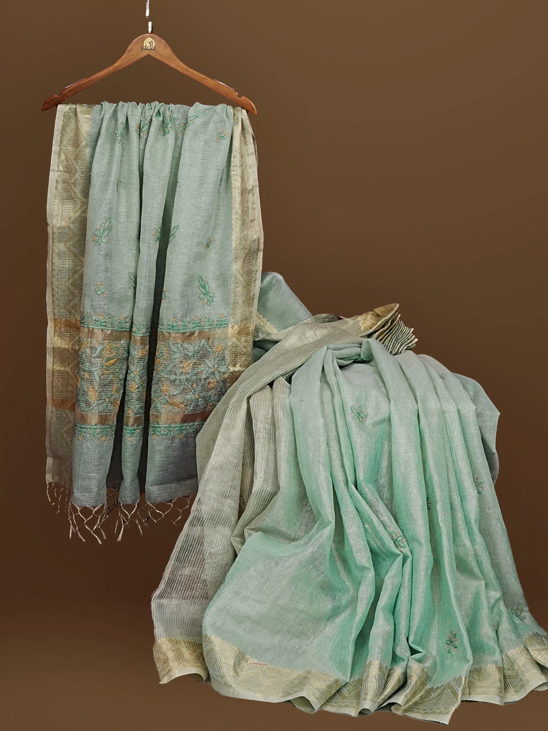 Ada Hand Embroidered Teal Green Tissue Lucknowi Chikankari Saree With Blouse 01A572095