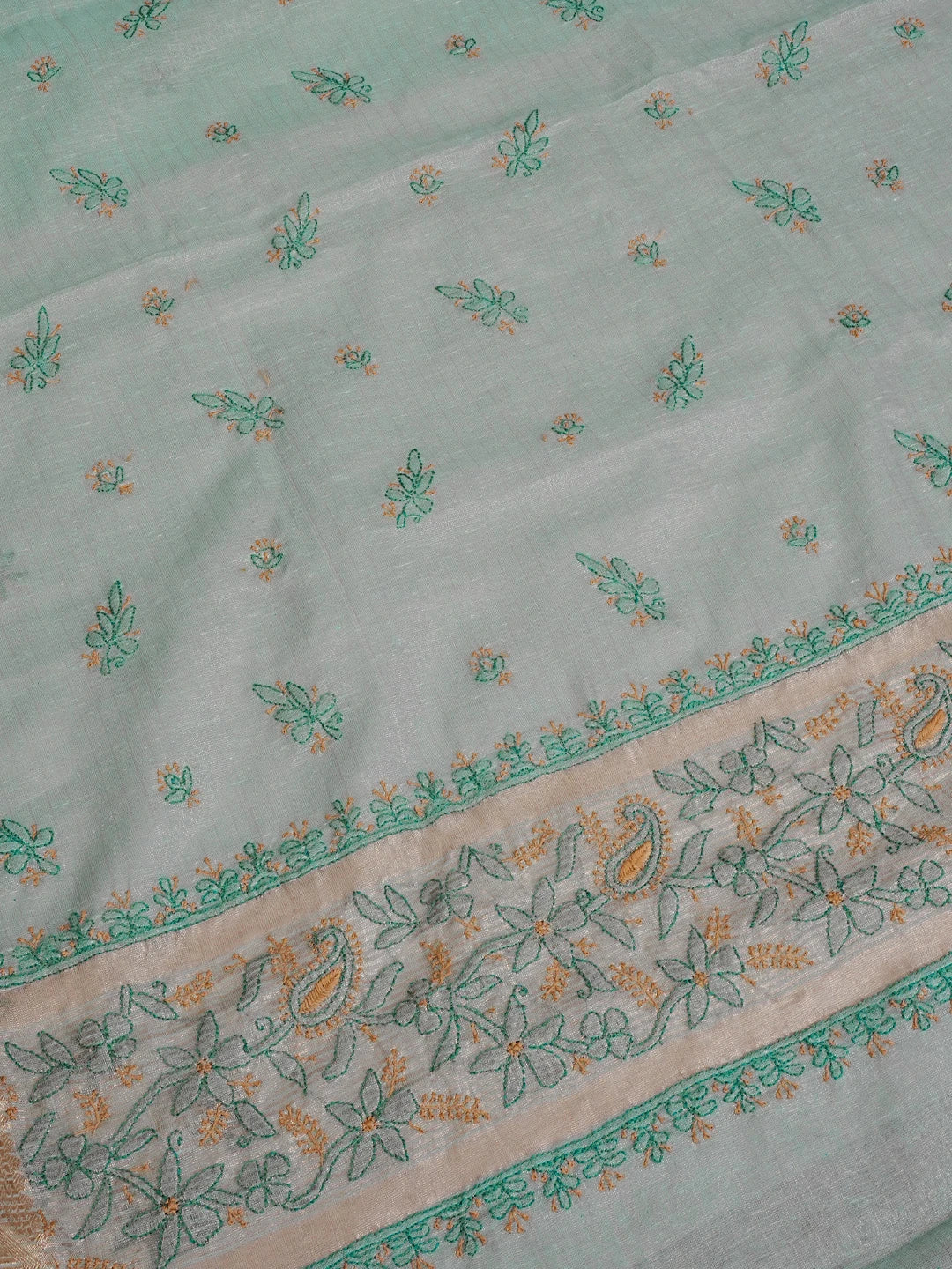 Ada Hand Embroidered Teal Green Tissue Lucknowi Chikankari Saree With Blouse 01A572095