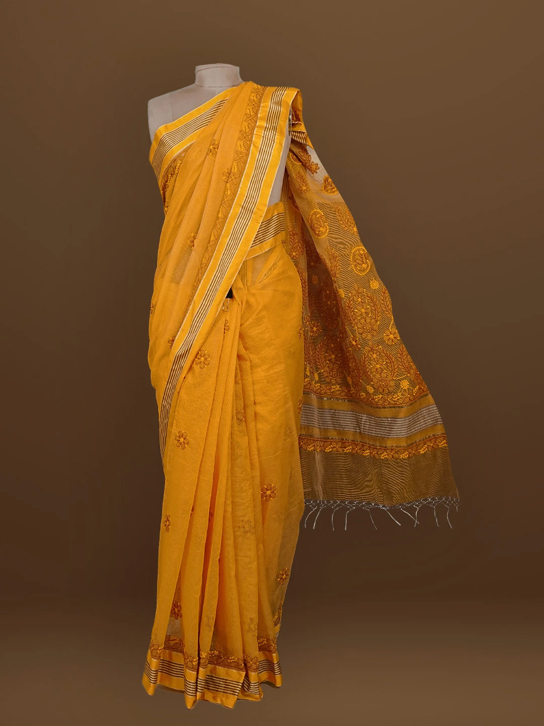 Ada Hand Embroidered Mustard Kota Chanderi Lucknowi Chikankari Saree With Blouse 01A572788