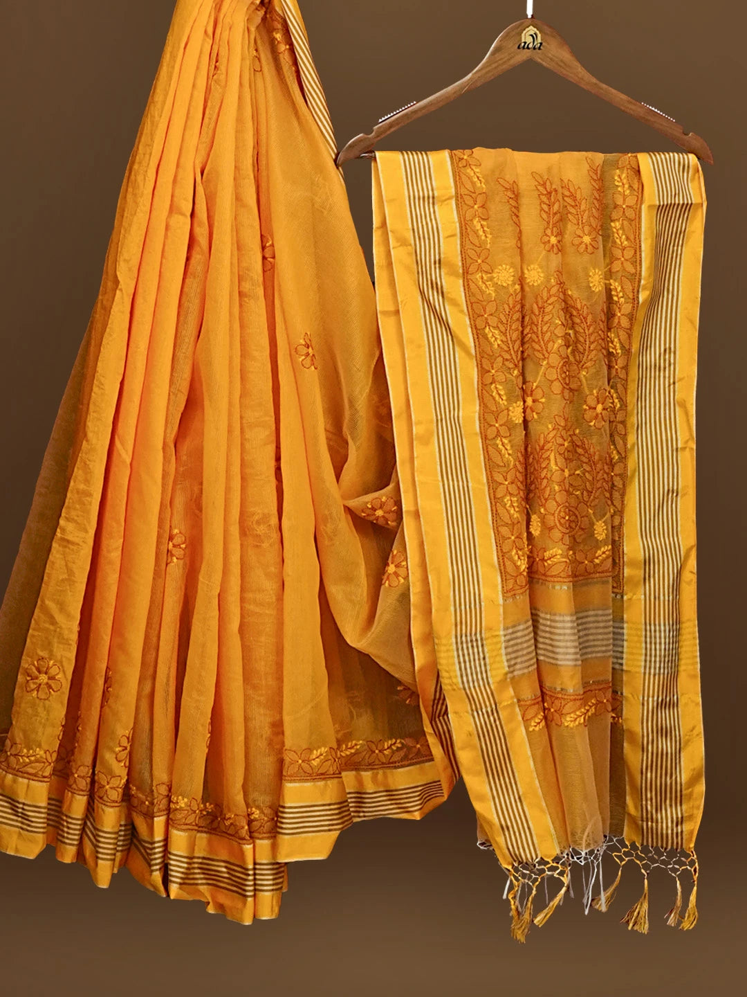 Ada Hand Embroidered Mustard Kota Chanderi Lucknowi Chikankari Saree With Blouse 01A572788